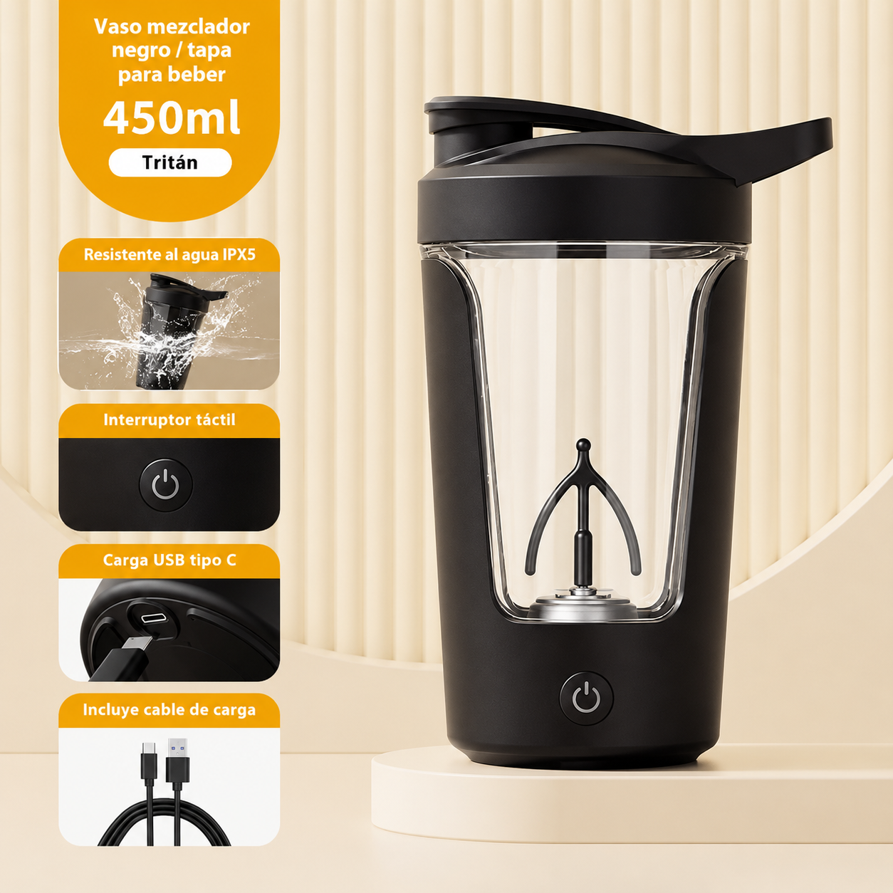 Vaso mezclador negro JAC Shaker Automático recargable, resistente al agua IPX5, carga USB tipo C, 450ml.