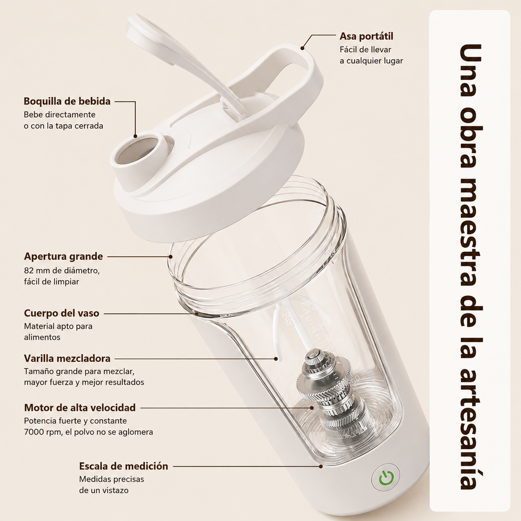 JAC Shaker Automático: agitador recargable con asa portátil y diseño funcional para mezclar bebidas fácilmente.