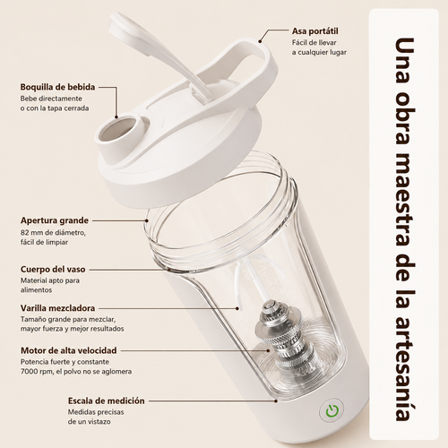 JAC Shaker Automático: agitador recargable con asa portátil y diseño funcional para mezclar bebidas fácilmente.