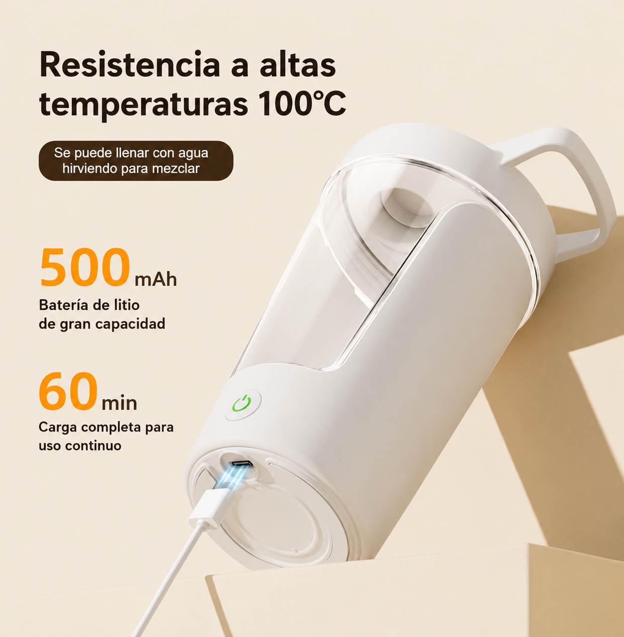 Imagen del JAC Shaker Automático recargable, destacando resistencia a altas temperaturas y capacidad de 500 mAh.