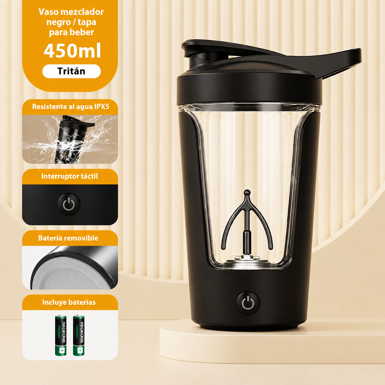 Vaso mezclador negro con tapa para beber de 450ml, JAC Shaker Automático recargable, resistente al agua, batería removable.