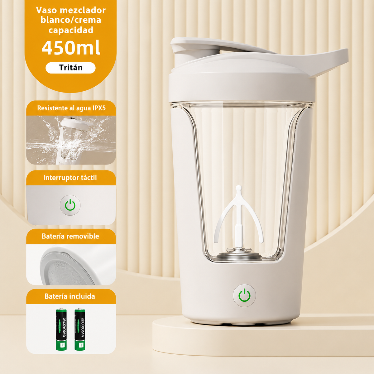 JAC Shaker Automático recargable en color blanco, capacidad de 450ml, resistente al agua IPX5