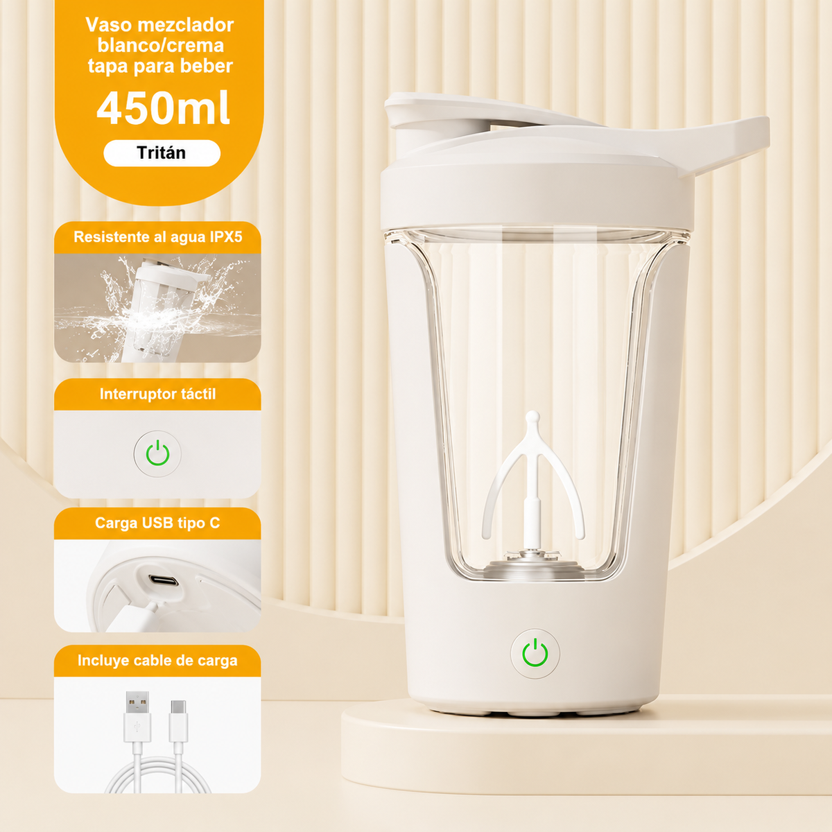 JAC Shaker Automático recargable de 450ml en color blanco y crema, con tapa y carga USB tipo C.