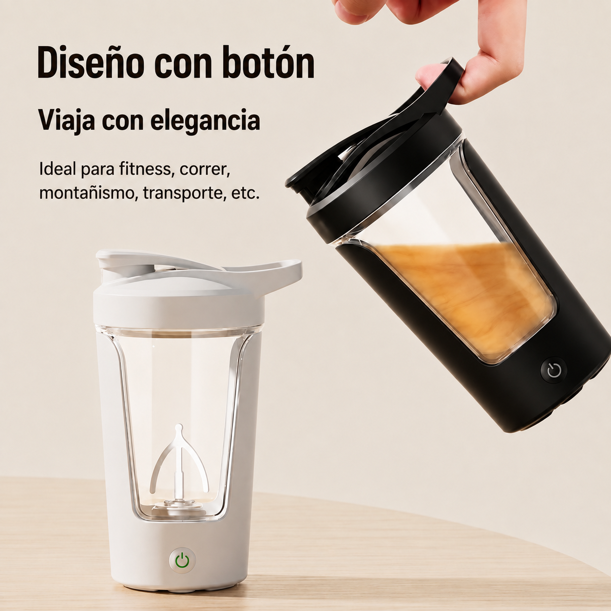 JAC Shaker Automático en colores blanco y negro, diseñado para viajar con elegancia y ideal para fitness y transporte.