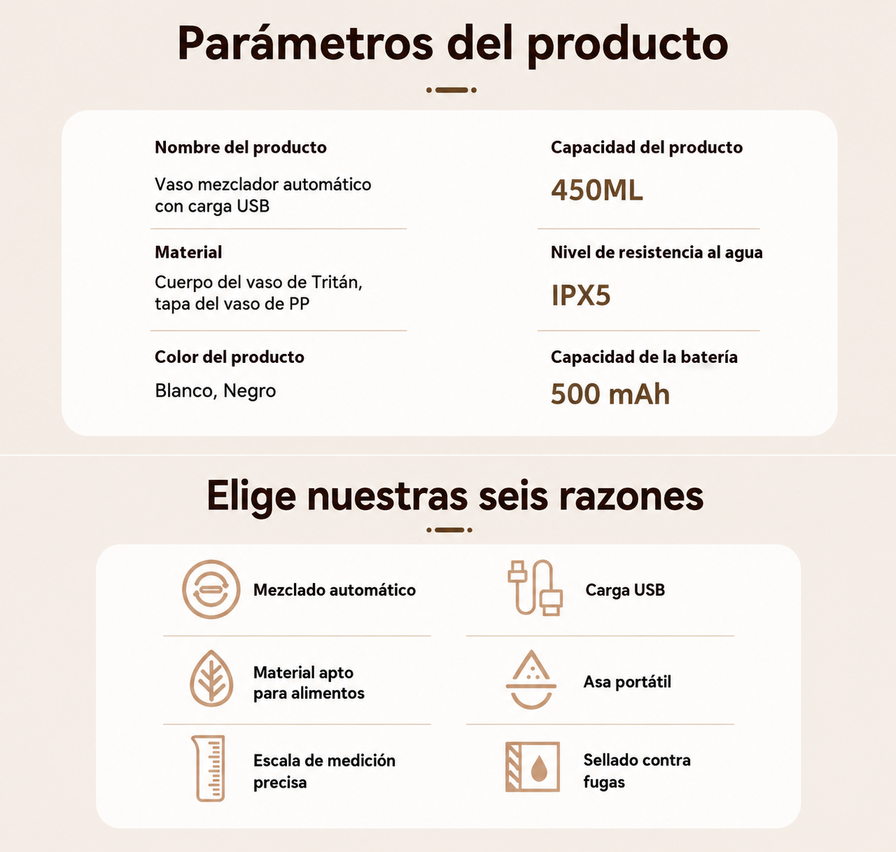 Parámetros del JAC Shaker Automático recargable, incluye capacidad, material, colores y características principales.
