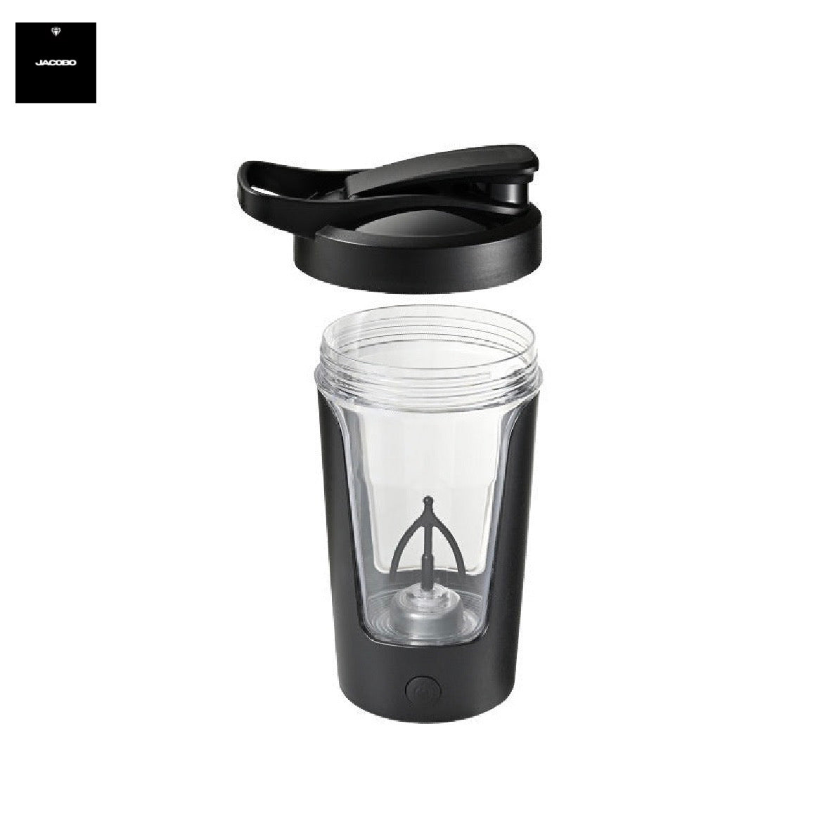 JAC Shaker Automático recargable en color negro con tapa y diseño moderno, ideal para mezclar bebidas.